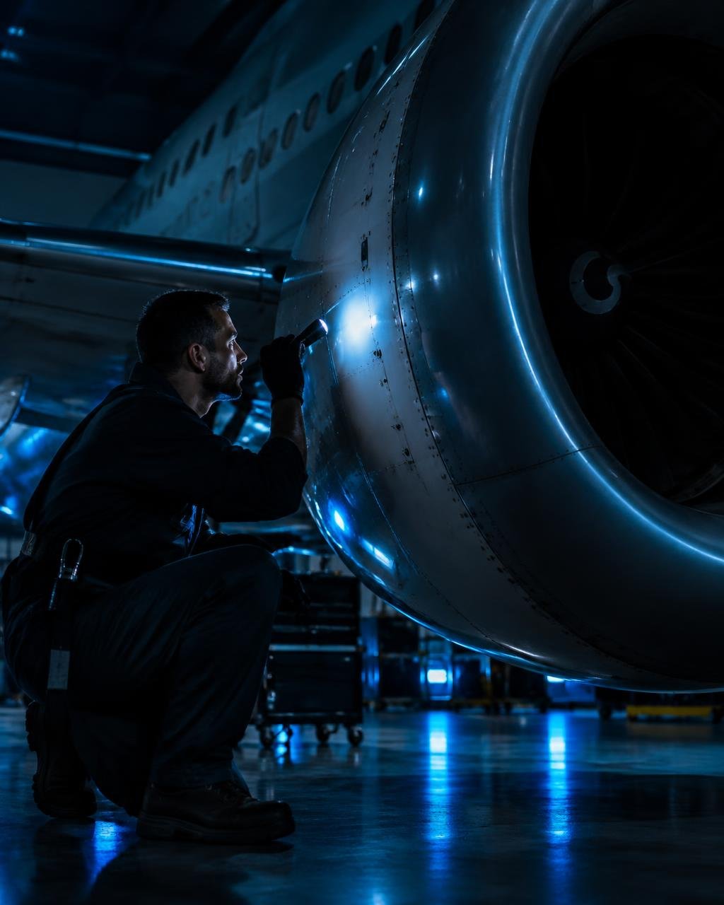 Technician inspecting a jet engine