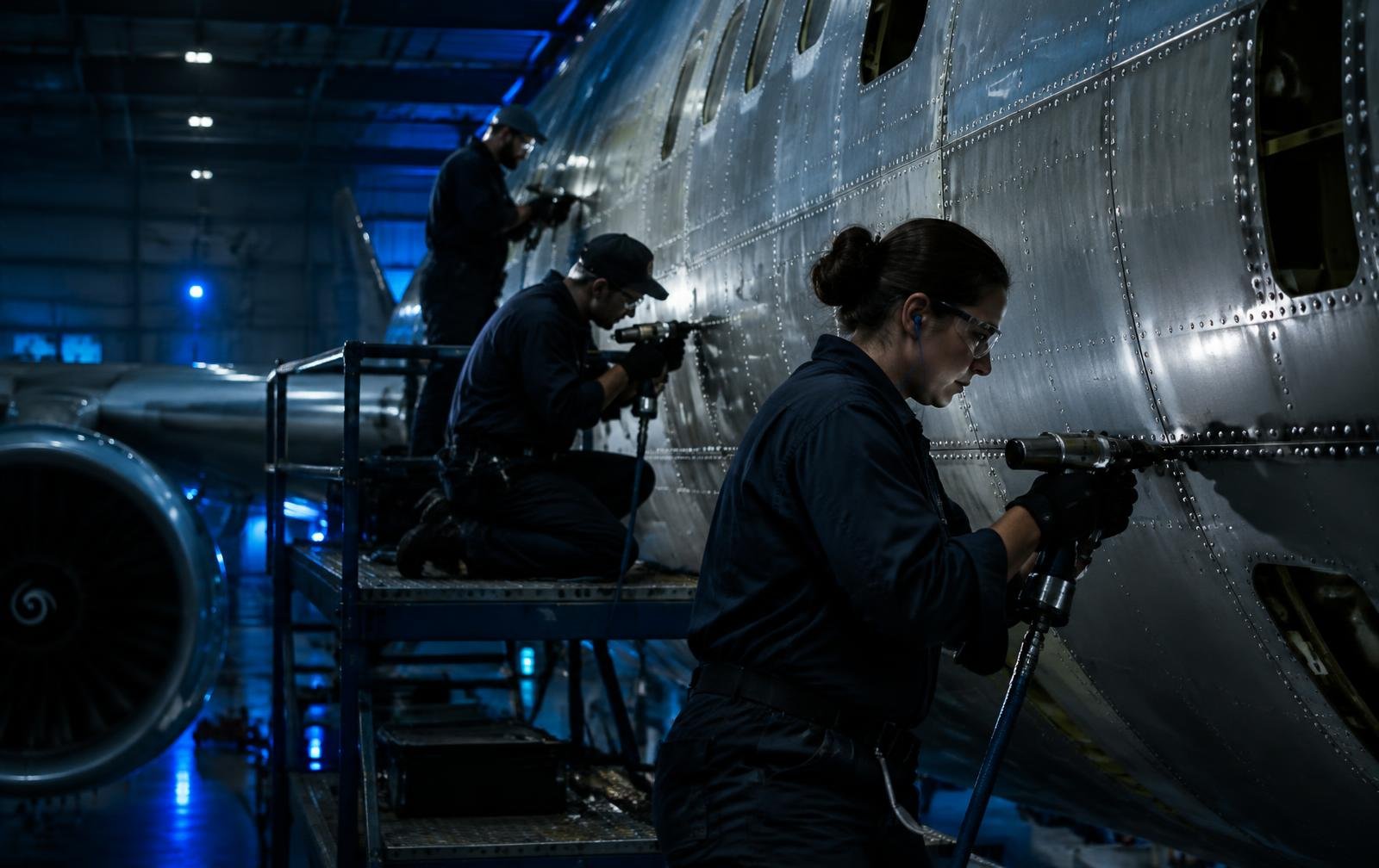 Structural technicians riveting fuselage panels
